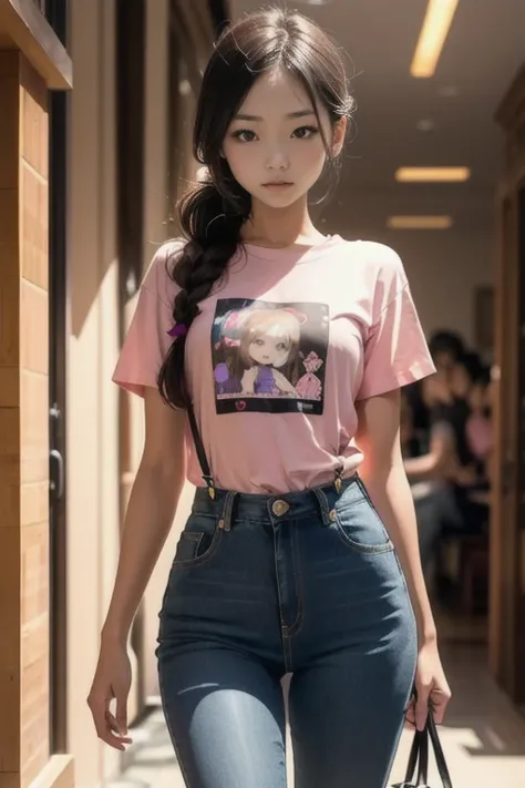 A 25-year-old thailand woman with long brown hair tied up. One hand is holding her tied hair, while the other is slightly raised. She is wearing a fitted cropped T-shirt in light pink with a cartoon image of fashion cartoon and the text "SEXY". She is also...