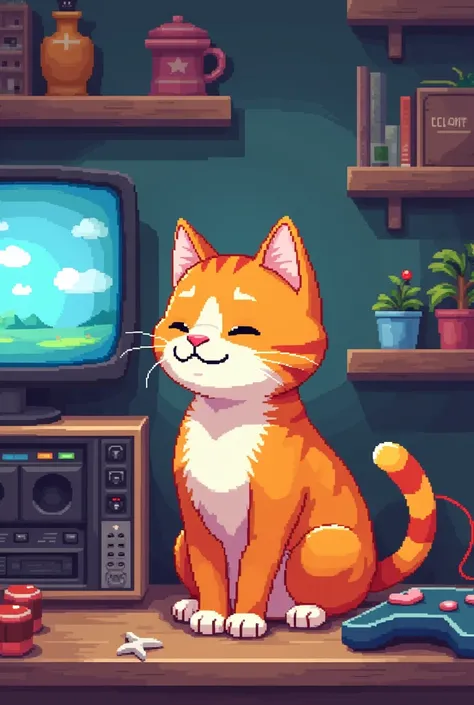 Orange cat in pixel art playing video games in pixel