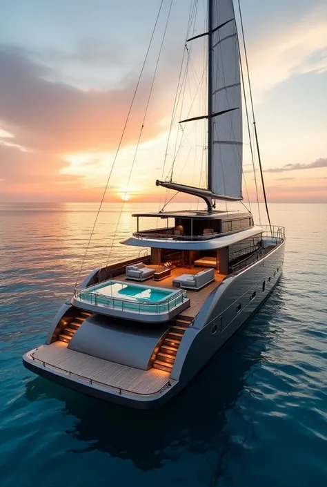 The stunning yacht floats on the sparkling blue waters, gleaming with touches of luxury and sophistication. Its sleek, polished steel hull features a modern design with curved lines and smooth surfaces, reflecting light in a captivating way. The yachts dec...