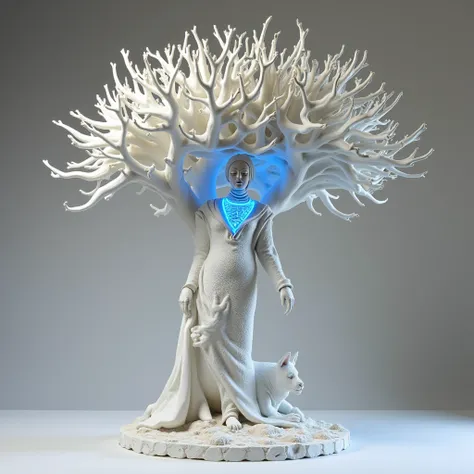 absurd artwork strange little disgusting modern art sculpture sculpture akau carving white ceramic porcelain woman kebaya elongated batik fabric wrapped around abstract inside it is blue neon exagonal surreal dry tree with intricate and expensive design wi...