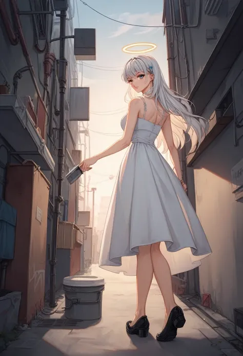 ((masterpiece, best quality)),a girl, solo, dress, standing, halo, alley, outdoors, bangs, white dress, white hair, long hair, black footwear, industrial pipe, looking at viewer, air conditioner,dark lighting, garbage, garbage bin, hxh2011 