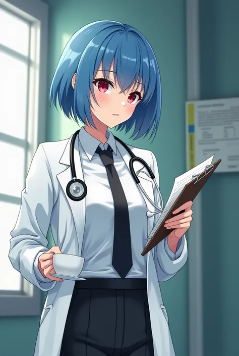 Adult prison guard women, blue bobhair, crimson eyes color, white docter cloth and white officer shirt and black tie inside, black trousers, she hold a note board and ceramic tea cup, Stethoscope on her collarbone, she standing and reading a paper on a not...