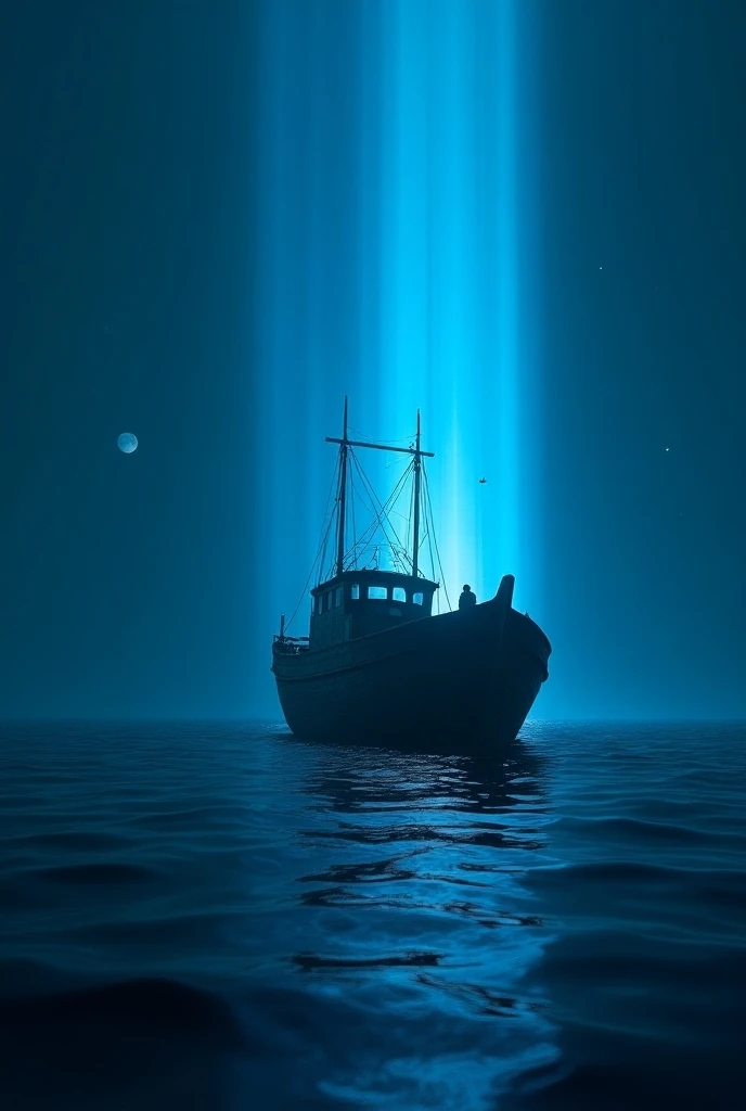  of a fishing boat from the 70s ,  passing through a temporary portal,  blue rays falling on the sides , night scene about the sea 