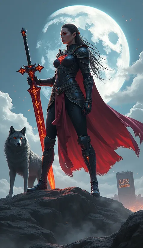 "A bold and dynamic hyper-realistic anime-style illustration featuring a striking woman with a slender build, clad in dark, ornate armor with glowing red runes. She holds a massive, rune-covered sword while standing atop a desolate mountain. A shadowy wolf...