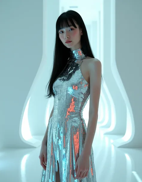 8K HD, A young woman with long, straight black hair, pale skin, in a surreal dress made entirely of mirrors, reflecting colors and lights around her as she stands in a futuristic museum gallery.