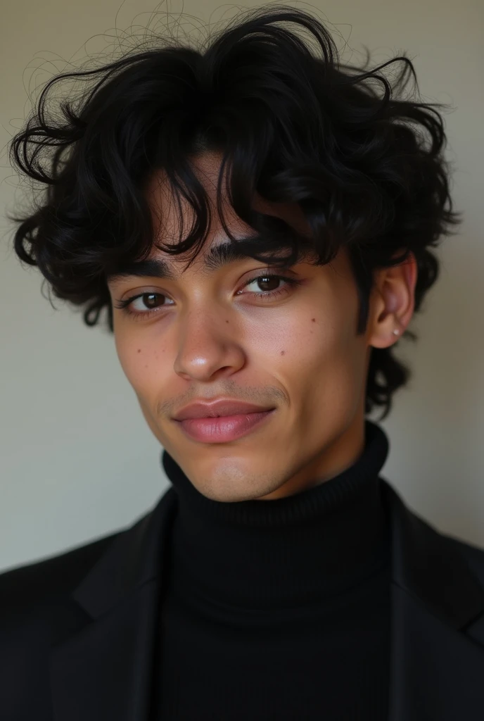  young man in his 20s ,  semi-curly black hair ,  with defined jaw and left eyebrow piercing .  He has a mole on his chin and has mixed skin tone,  Dressed in black. At your side,  a tall young man with curly black hair , white skin, round face and smile .