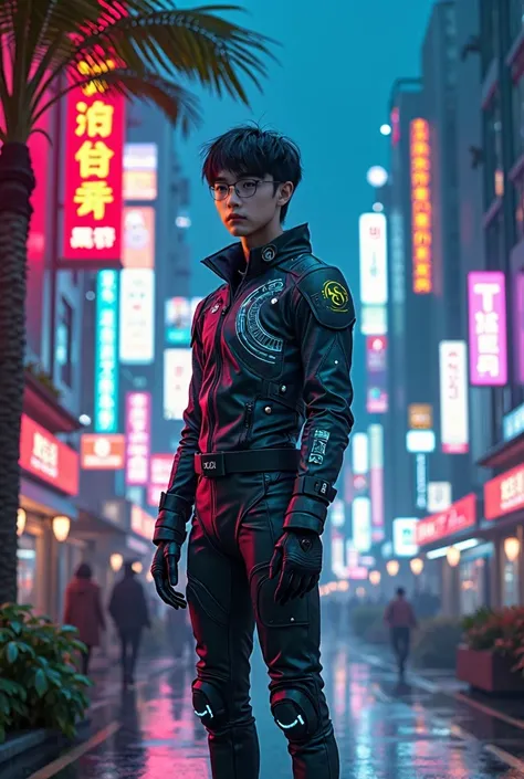 Japan in the 80s， cyberpunk ， neon style，Coconut Tree，18 year old asian man，Biker suit ，Hyperrealism