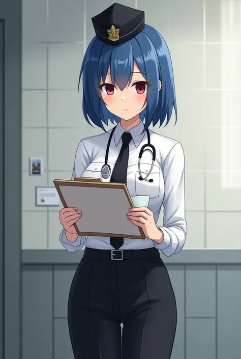 Adult prison guard women, blue bobhair, crimson eyes color, white docter cloth and white officer shirt and black tie inside, black trousers, black officer cap, she hold a note board and ceramic tea cup, Stethoscope on her collarbone, she standing and readi...