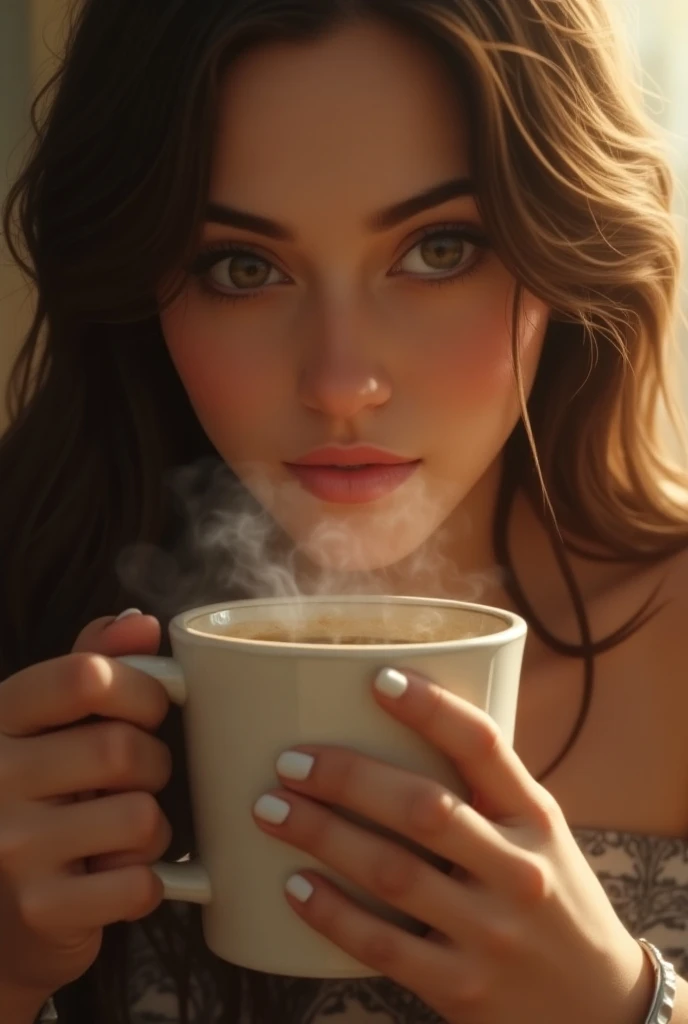 High Resolution, Masterpiece, Accurate, Anatomically Correct, Award Winning, Best Quality, Damaged, Detail, HD, Super Detailed, UHD, a cup of hot coffee with steam still rising from it, visible from the morning sunlight  and the beautiful girl wants to dri...