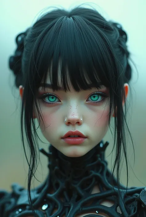 (Full length view.- -ar 9:16 - ar 1:2)Full length view. an ultra beautiful dark haired female young woman, hair tied up in a fancy elevated style, combat-biorobot, porcelain face and head, large turquoise eyes, beautiful eyes, Best quality, relief, dark go...