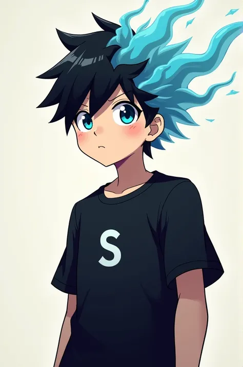 Change by minecraft skin anime boy black clothes t-shirt with the letter s, black hair and blue hip hair
