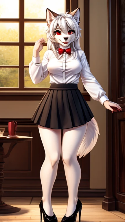 a woman in a and dress and a cat, long hair, breasts, smile, skirt, shirt, red eyes, long sleeves, bow, animal ears, medium breasts, closed mouth, standing, jacket, tail, full body, white shirt, white hair, collared shirt, indoors, hand up, bowtie, black s...