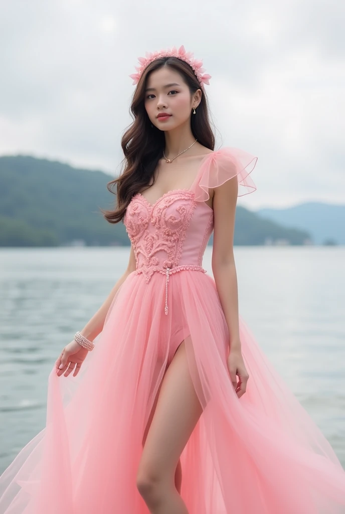 23 girl standing,wearing ladylike outfit only pink colour,full shot,Bay background.