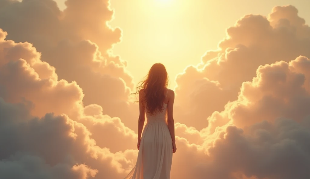 A woman standing showing her back , filled with soft, fluffy clouds bathed in warm hues of sunrise or sunset, creating a tranquil and heavenly atmosphere, symbolizing surrender and worship. She has a peaceful and contemplative expression, embodying a momen...