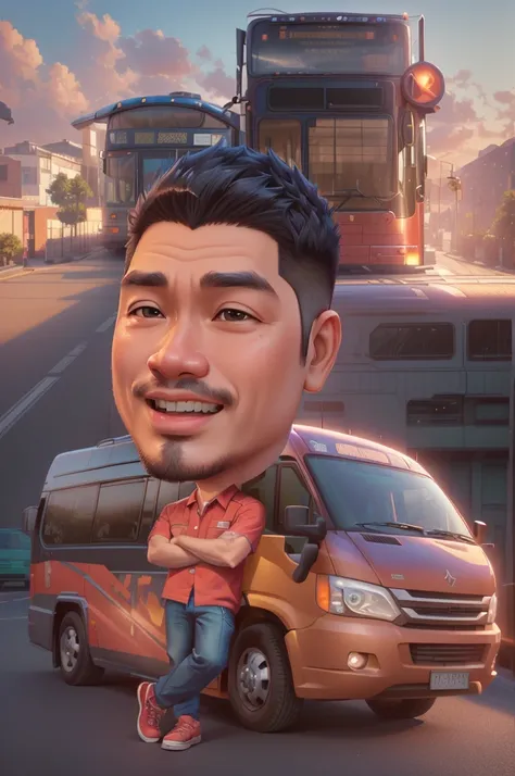 a close up of a person Standing leaning on a car with a bus in the background, by Abidin Dino, inspired by Rudy Siswanto, andy worhol, ramil sunga, john jude palencar, inspired by Abidin Dino, realism artstyle, avatar image, in cartoon style, fanart, it id...