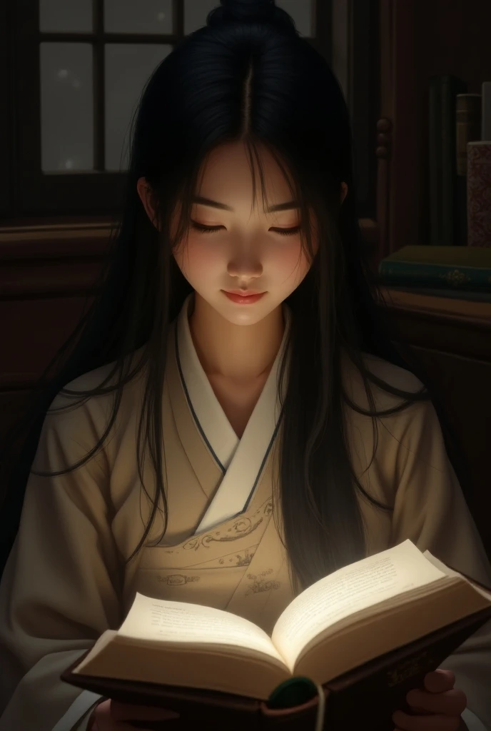 Show me a Korean woman with long black hair reading