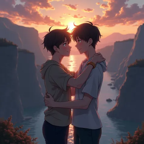 On a cliff overlooking a vast, mysterious landscape, two anime boys with gentle features and gazes hold each other close. Their faces glow gently in the setting sun, and their smiles are tender yet full of love. The view behind them, stretching to the hori...