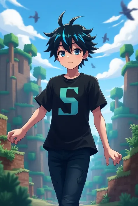 Change by minecraft skin anime boy black clothes t-shirt with the letter s, black hair and blue hip hair background background minecraft background
