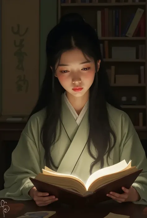 Show me a Korean woman with long black hair reading