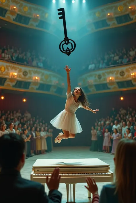  High quality surreal 4k image of a girl in a theater play with a lot of people.  The light illuminates her and stages anxiety and anguish  . She is jumping from a white piano trying to reach a black key that flies from the piano up there.. The surprised t...