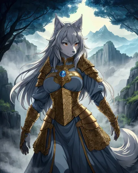 A close-up anime-style illustration of a Wolf woman anthropomorphism captain, wearing ornate armor with intricate patterns, standing confidently with a gentle but strong expression, set against a misty fantasy landscape with towering mountains in the backg...