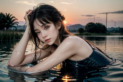 a young woman in a light lace dress is lying on her side, immersed in water, viewed from a low angle amidst the golden glow of s...