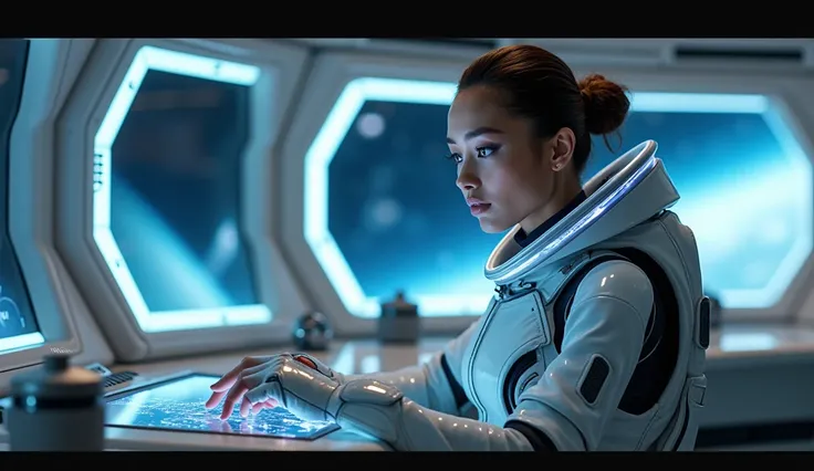 Maximum quality masterpiece, 4k resolution, (best quality, 4k, 8k, highres, masterpiece:1.2), ultra-detailed, (realistic, photorealistic, photo-realistic:1.37), HDR. A beautiful young American woman working in a high-tech control room aboard a futuristic s...