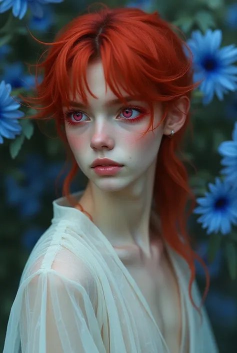  Create an image of a scarlet-haired male boy, pink and big eyes, long red eyelashes,  porcelain-like skin , and the hair up to the neck ,  with innocent appearance but mesmerizing looks and a well-shaped and slender body.
Wearing white and transparent gar...