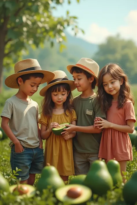  now an image of 1 boy and 4 girls who decide to have a novel idea and tell farmers about making avocado oil, The image should not have letters as long as the photo image you provide me is very clear with the message 