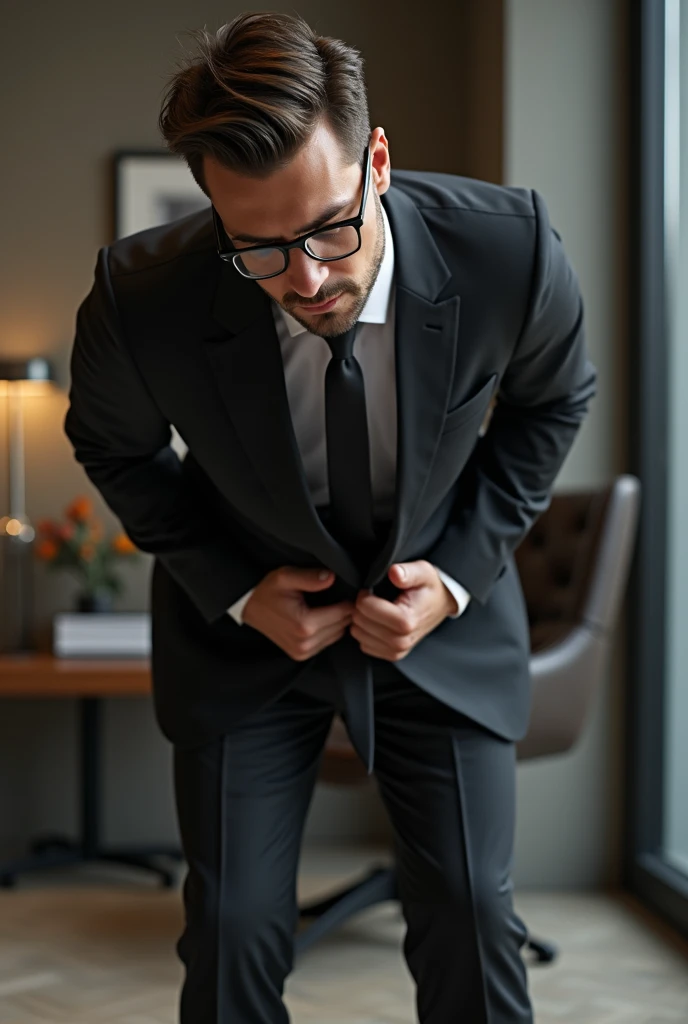  In the office， CEO ，young handsome italian man，Wearing glasses， black suit 、 black tie ，Black socks，Black leather shoes。Mans testicles hurt so much ，Man bends down ， and covering his crotch ，Hold your testicles tightly with both hands。