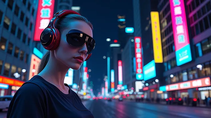 Beautiful Russian sexy girl on the city street, the girl has big headphones, half of the face covered with a black mask. Tight black t-shirt, 
Super realistic girl, real human, high definition, super detailed.