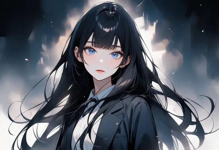 Japanese, faith model,  looking at the camera from the front ,  long hair ,  black hair, hime cut, blue eyes,  school uniform, thoughtful look