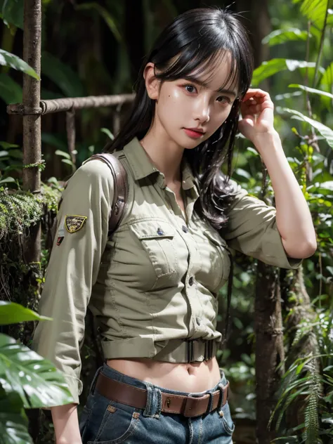 cargo pants, wet, belt, jungle, small breast, extremely detailed eyes, extremely detailed face, best quality, extremely detailed...