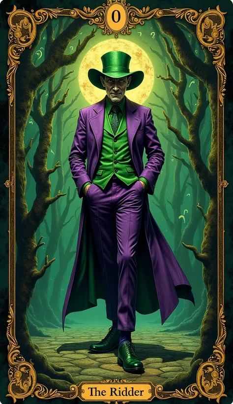 In the style of Leonardo da Vinci, a tarot card depicting "The Riddler." The Riddler wears green and purple clothing, standing at the center with a sly smile. The background features cryptic symbols and question marks, creating a mystical atmosphere. The R...