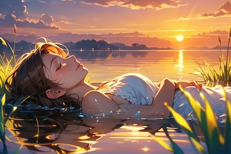 A young woman in a light lace dress is lying on her side, immersed in water, viewed from a low angle amidst the golden glow of sunset. Her long brown hair, damp and flowing with the water, surrounds her among reeds and water plants. One hand rests gently o...