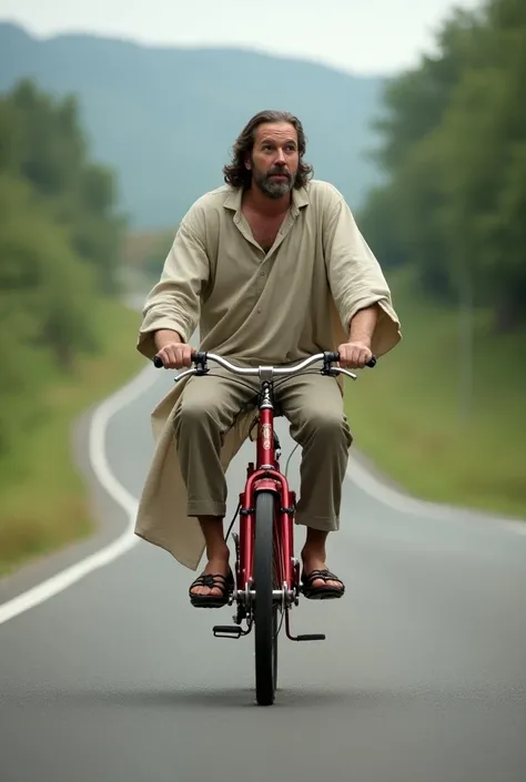 A man with red buke riding in the road jesus sitting behind with him  realistic 9:16