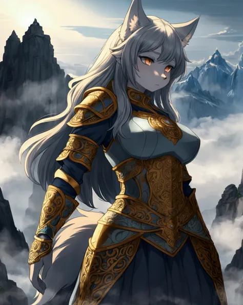 A close-up anime-style illustration of a Wolf woman anthropomorphism captain, wearing ornate armor with intricate patterns, standing confidently with a gentle but strong expression, set against a misty fantasy landscape with towering mountains in the backg...