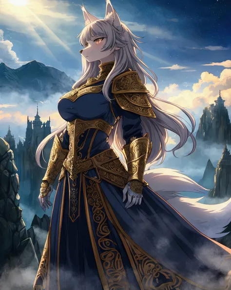 A close-up anime-style illustration of a Wolf woman anthropomorphism captain, wearing ornate armor with intricate patterns, standing confidently with a gentle but strong expression, set against a misty fantasy landscape with towering mountains in the backg...