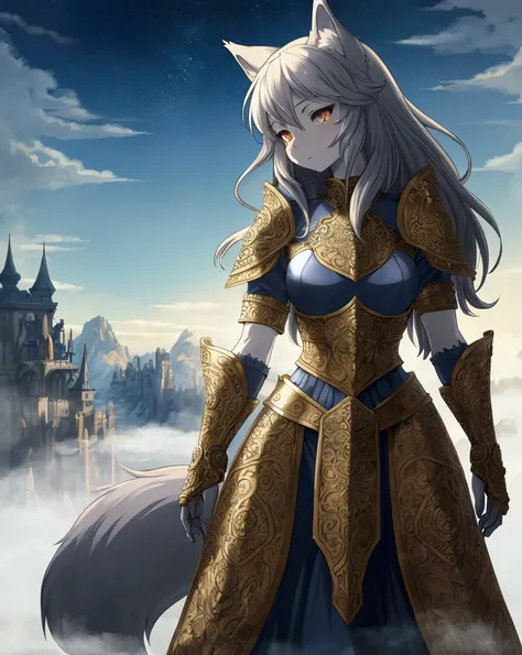 A close-up anime-style illustration of a Wolf woman anthropomorphism captain, wearing ornate armor with intricate patterns, standing confidently with a gentle but strong expression, set against a misty fantasy landscape with towering mountains in the backg...