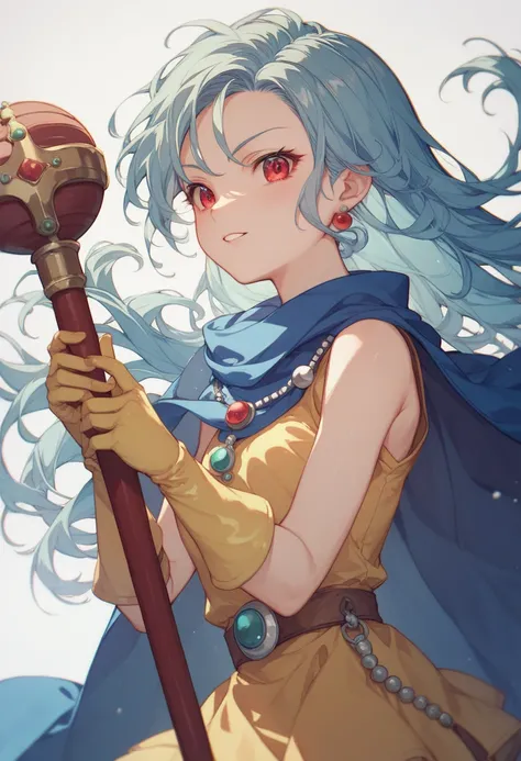 sage(dragon quest3),Light blue long hair、Young、Red eyes、 blue cloak、thick wooden cane 、 sleeveless dress mini skirt、yellow long gloves 、