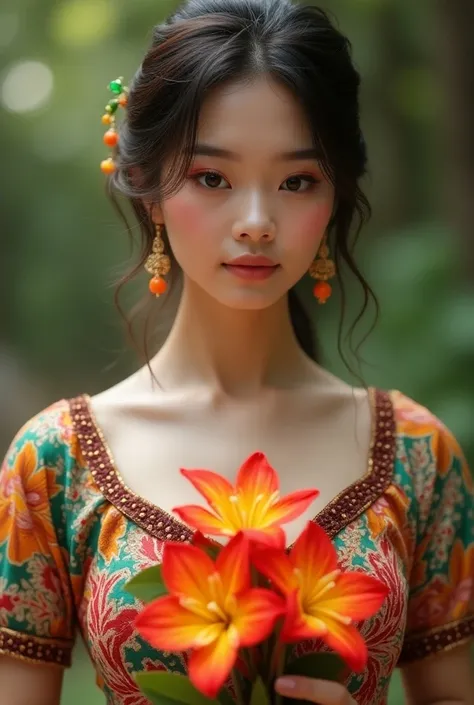 Beautiful girl in Thai dress holding a beautiful ponytong
