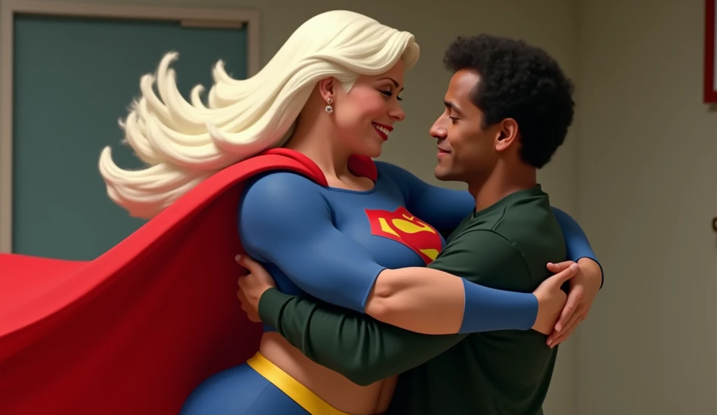 a woman with long white hair she has a big red cape and an Supergirl 80s movie costume; Supergirl outfit she has big big breasts and a big ass she lifts an ordinary man next to her he is hugging her he is brown and younger than her he is  he has black hair...