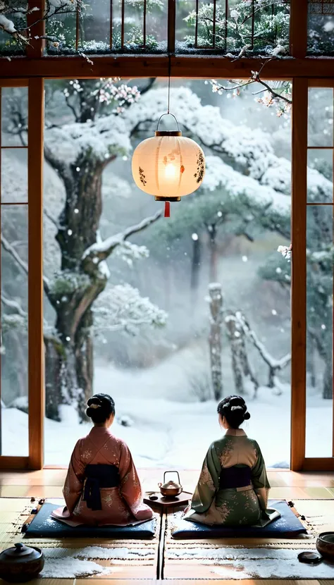 This image captures a serene and cozy winter scene set in a traditional Japanese-style tea room. Two individuals are seated on a tatami mat, engrossed in their tea ritual, wrapped in layered, warm kimonos. The room features wooden beams and sliding doors, ...