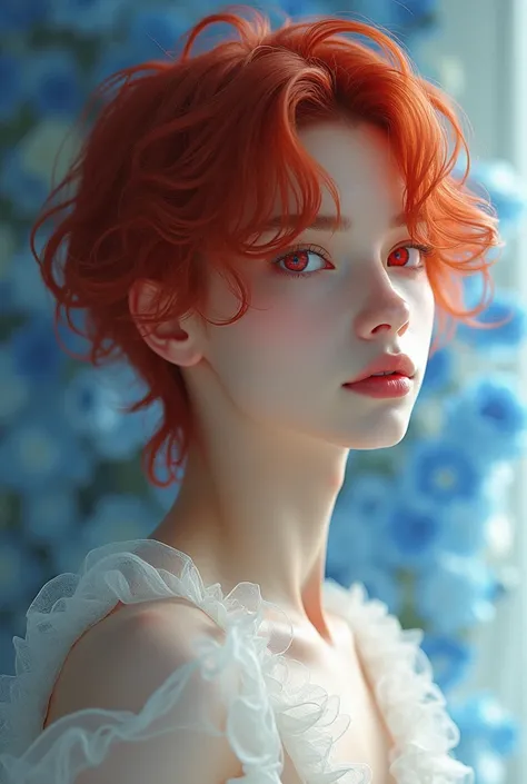  Create an image of a scarlet-haired male boy, light pink and large eyes, long red eyelashes,  porcelain-like skin , and the hair up to the neck , but mesmerizing look and a well-shaped and slender body, sideways smile.
 With white and transparent garments...