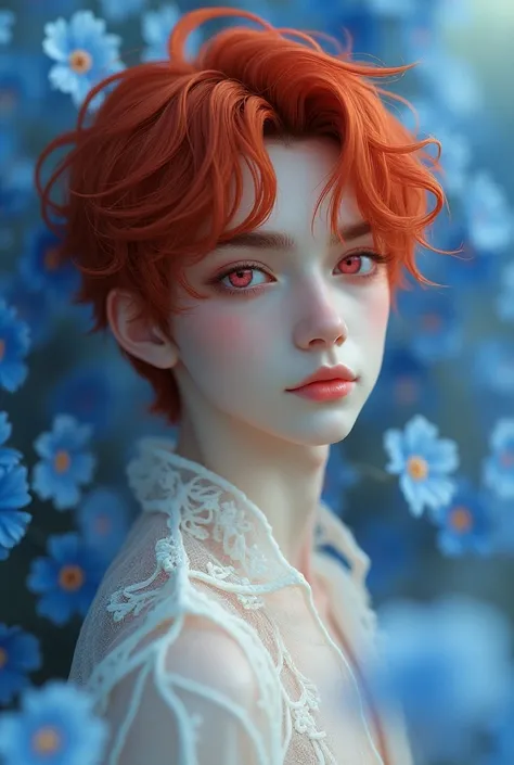  Create an image of a scarlet-haired male boy, light pink and large eyes, long red eyelashes,  porcelain-like skin , and the hair up to the neck , but mesmerizing look and a well-shaped and slender body, sideways smile.
 With white and transparent garments...