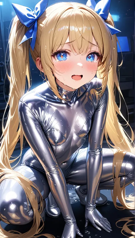  Masterpiece Top Quality Unity 8k ,( twin tails),  hair bow, Beautiful blonde, detailed hair,very long hair, blue eye,Sparkling Eyes,Princess Eye, baby face:1.2, (Super shiny silver tights ,  beautiful woman in a silver full body suit, full body silver metallic rubber suit ) ,((Lighting Front)),( close one eye ,  watching viewers),  perfect body, loli body,  Realistic Skin , flat chest:1.3,Sly Smile,  open your mouth , Live House,( open legs,Squat),( Ultra High Definition,Super detailed, ultra high resolution),( wet skin :1.4,Flowing sweat:1.3),( perfect anatomy),(Wet with lotion:1),( makes me drool:1.3),(Tears:1.3), ( Liquid Dripping From My Crotch), (crotch focus)