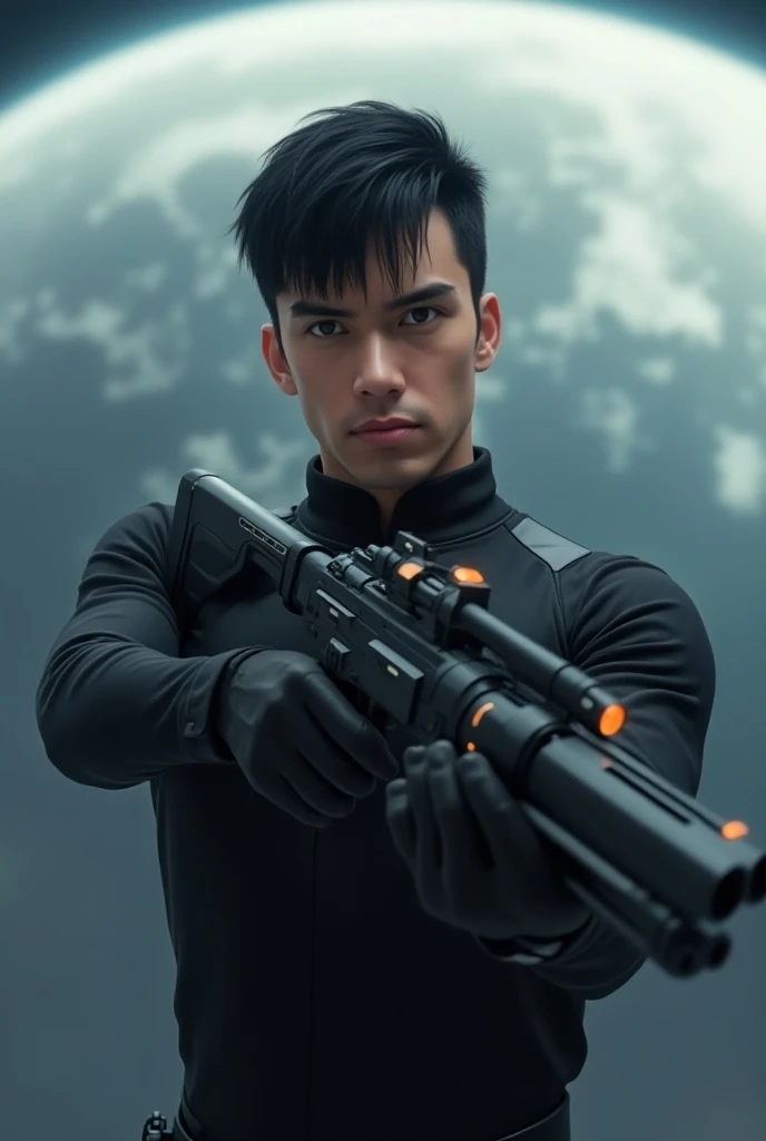 Medium build male with short black hair wearing black uniform holding Futuristic Gun with a giant planet as a blurry background 