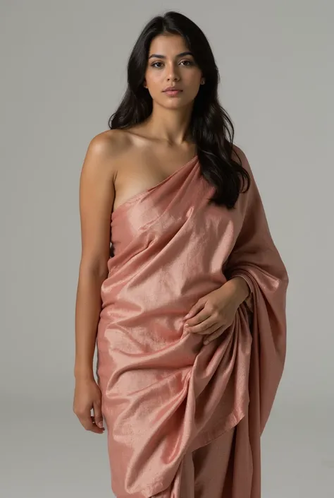 A portrait of a young woman, captured in a minimalist setting. She is wearing a shiny, saree, large cleavage, curvy figure,