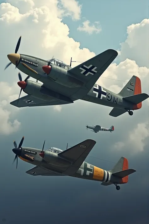 I want a me 262 messerschmitt flying with fw 190 a1 and down in the center a BMW next to a Nissan and a Lamborghini 
