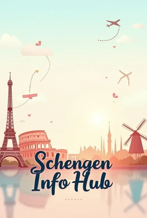 Design an inviting and inspirational Facebook cover photo for a community group called Schengen Info Hub, a go-to space for Schengen visa updates and European travel guidance. The artwork should blend famous European landmarks like the Eiffel Tower, Coloss...